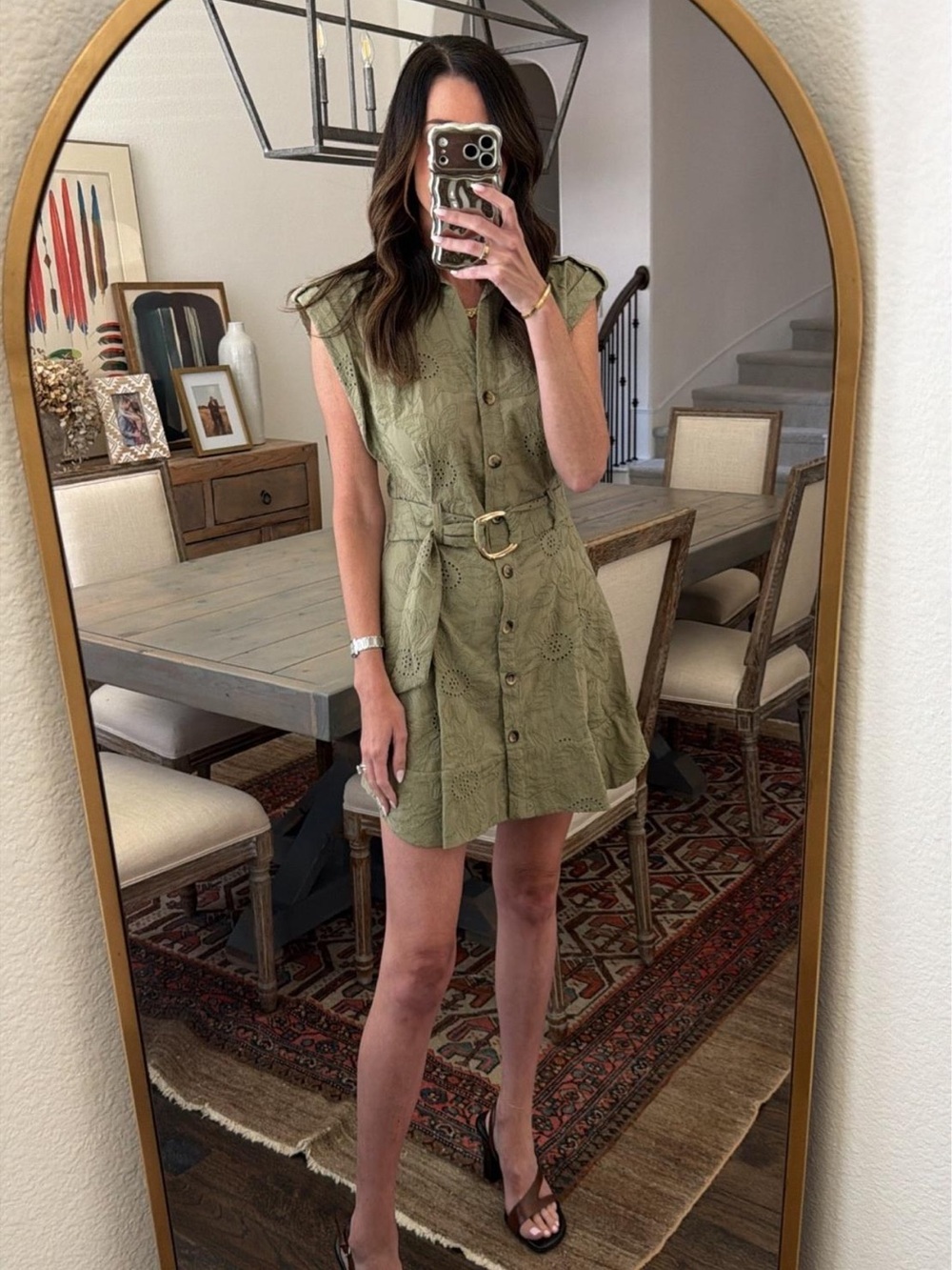 Zara Olive Eyelet Button-Front Belted Mini Dress